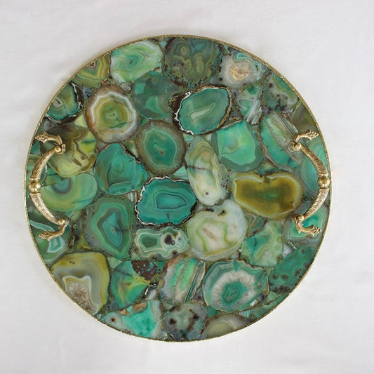 Green Agate Serving Tray With Brass Handles | Circular