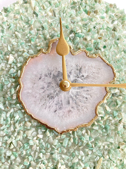 10" Diameter Large Light Green Crystal With White Agate Wall Clock