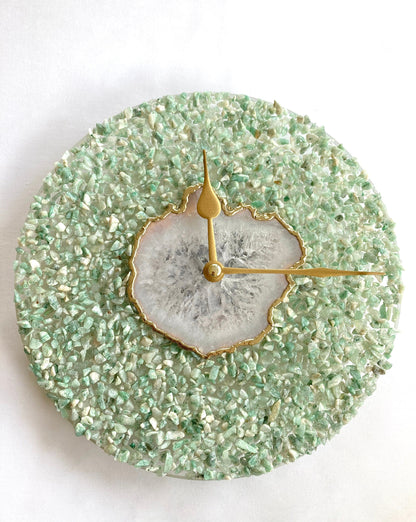 10" Diameter Large Light Green Crystal With White Agate Wall Clock
